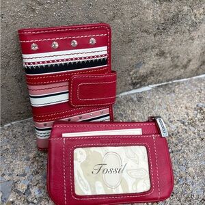 Fossil Red Leather Striped Wallet & Zip Card Pouch
